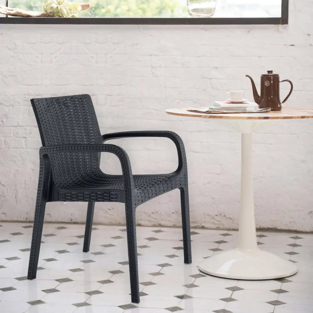 Set of Two Black Faux Rattan Heavy Duty Plastic Outdoor Stacking Arm Chairs - NOBLE HOME INTERIORS