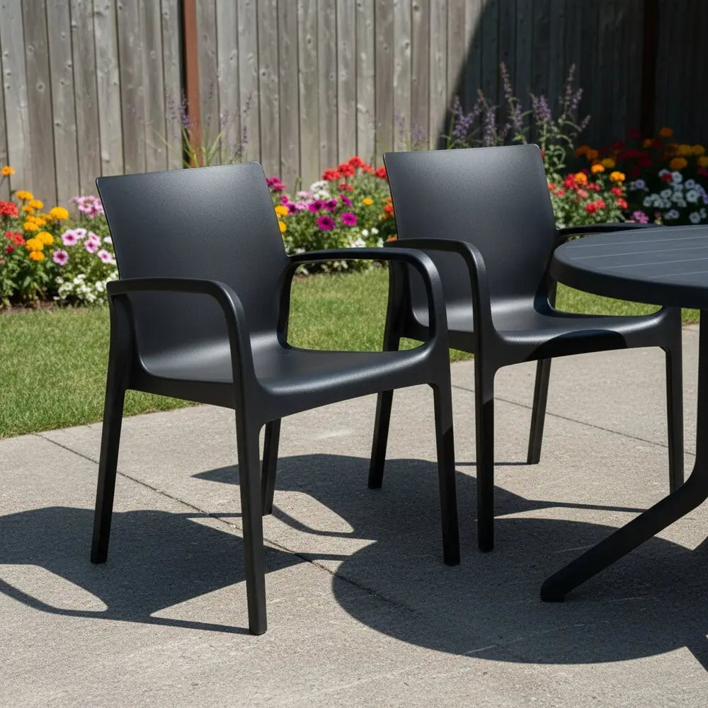 Set of Two Black Heavy Duty Plastic Outdoor Stacking Dining Chairs - NOBLE HOME INTERIORS