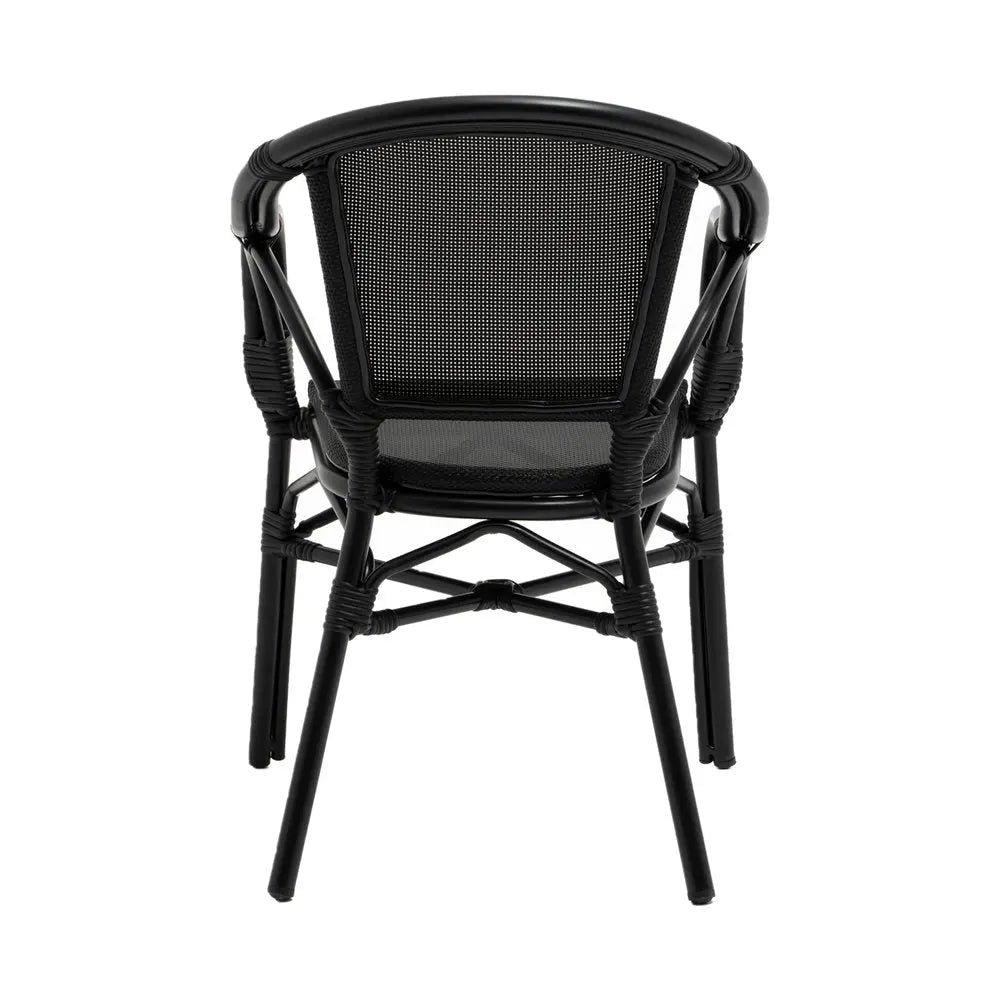 Set of Two Black Textured Mesh Sling And Aluminum Outdoor Stacking Arm Chairs - NOBLE HOME INTERIORS