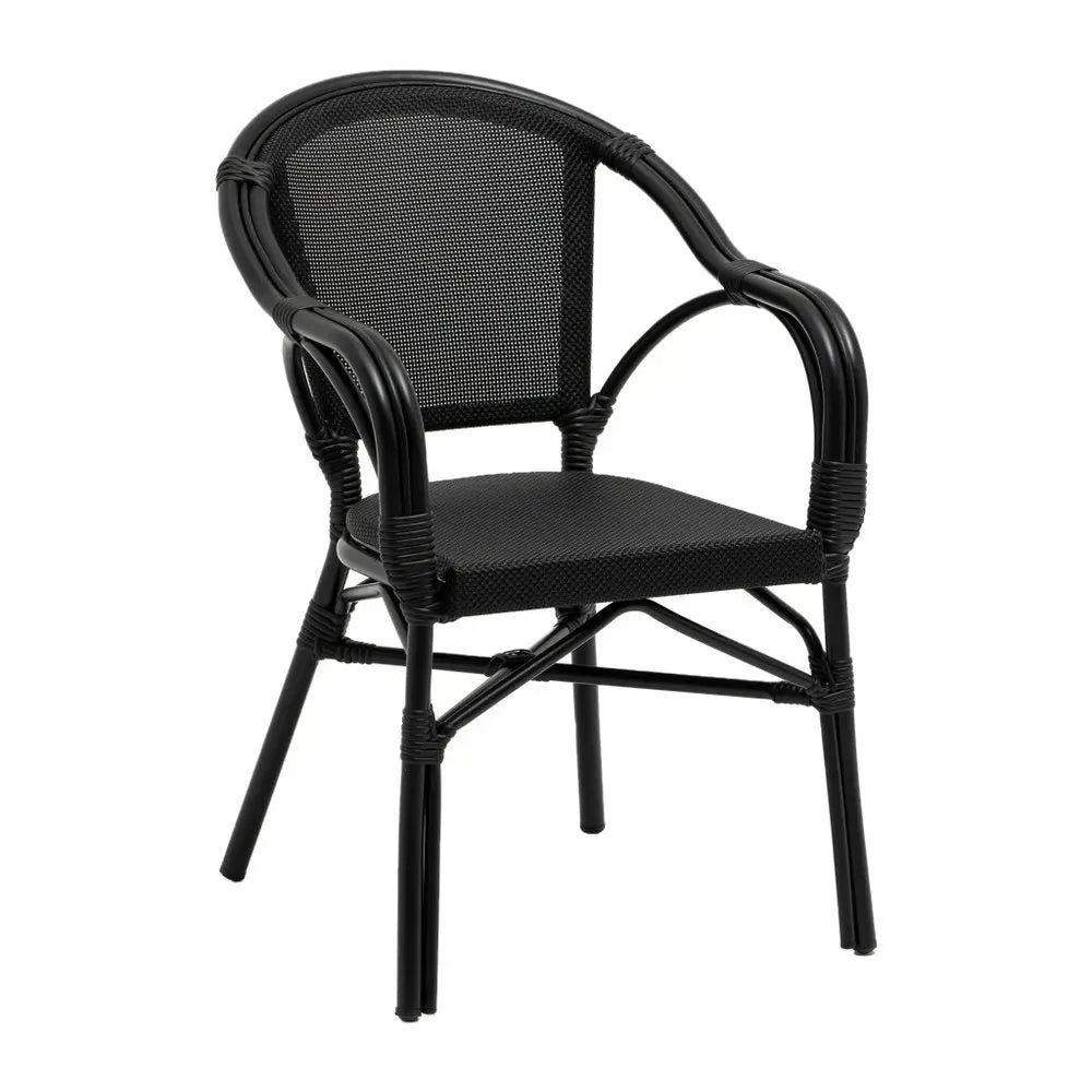 Set of Two Black Textured Mesh Sling And Aluminum Outdoor Stacking Arm Chairs - NOBLE HOME INTERIORS