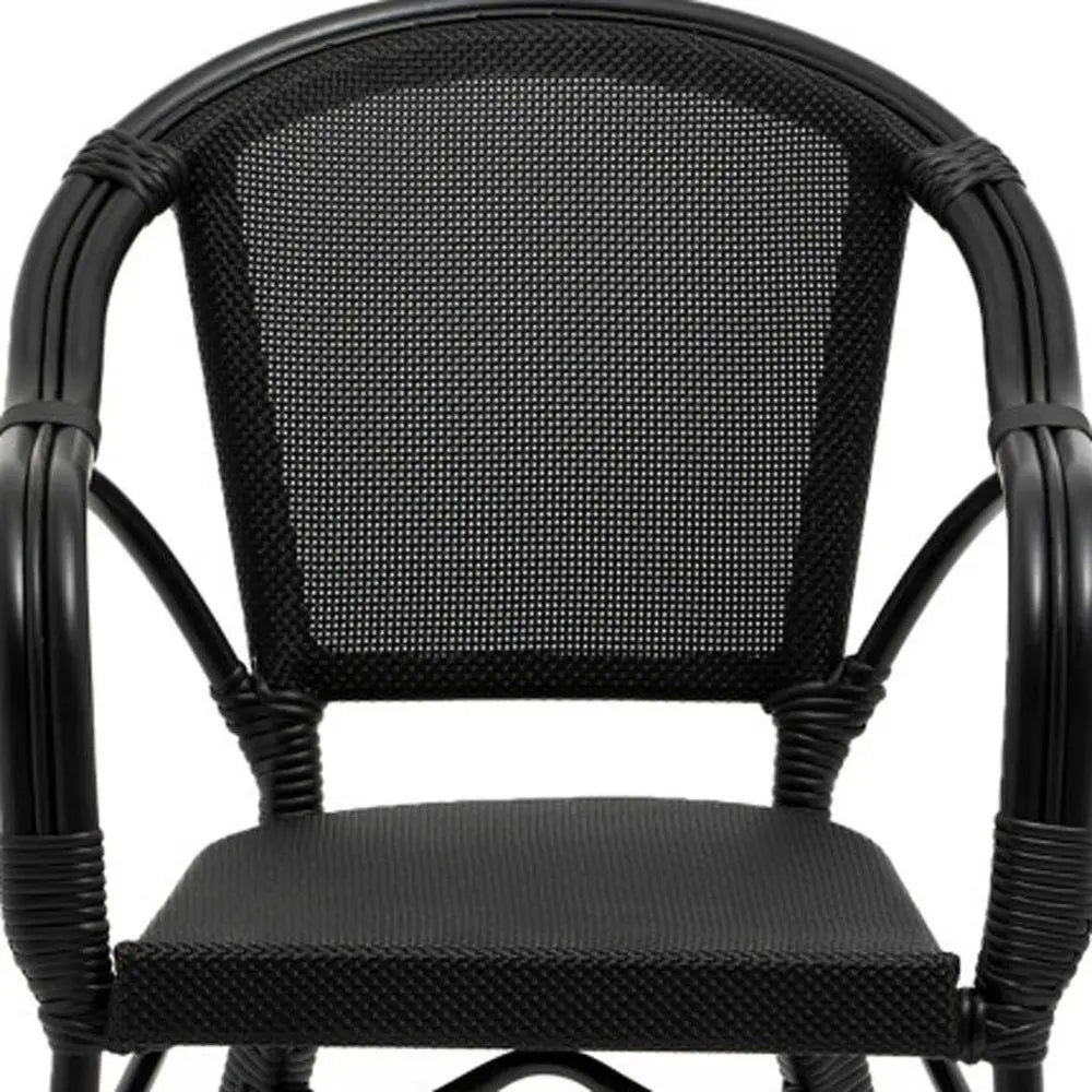 Set of Two Black Textured Mesh Sling And Aluminum Outdoor Stacking Arm Chairs - NOBLE HOME INTERIORS
