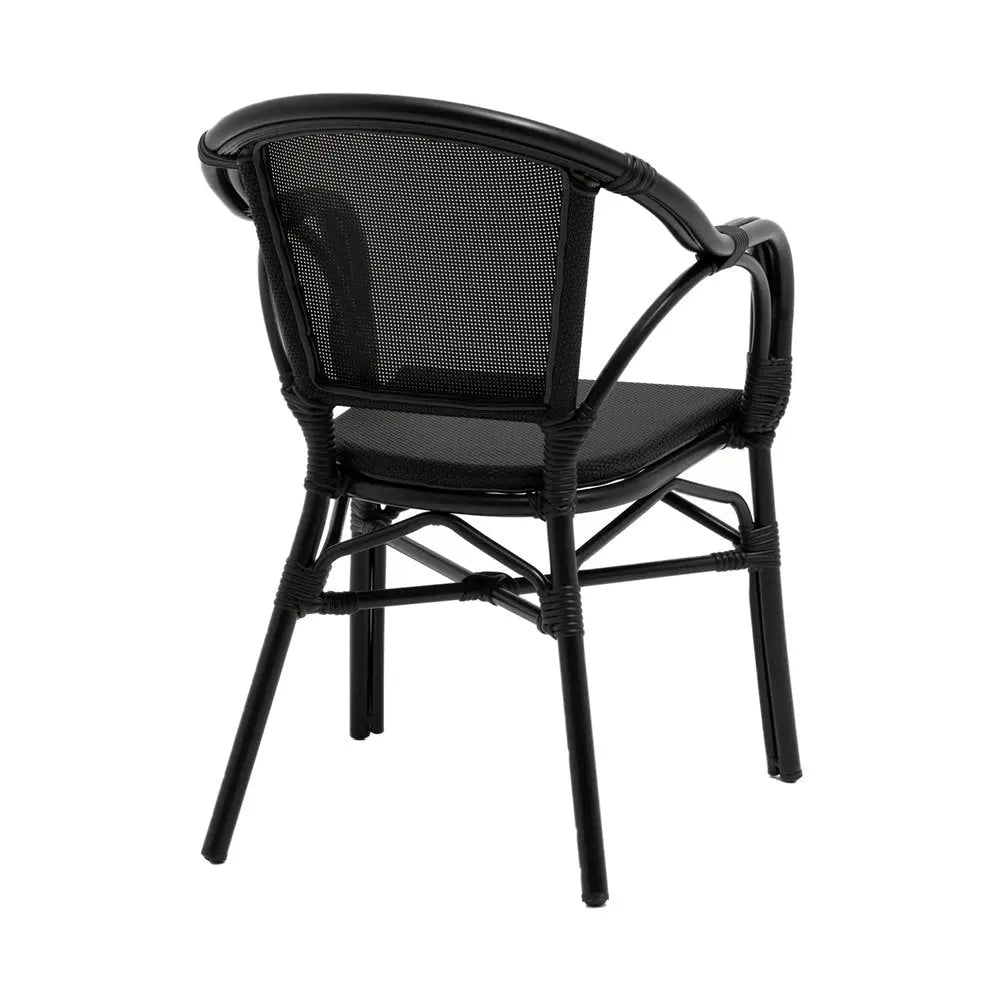 Set of Two Black Textured Mesh Sling And Aluminum Outdoor Stacking Arm Chairs - NOBLE HOME INTERIORS