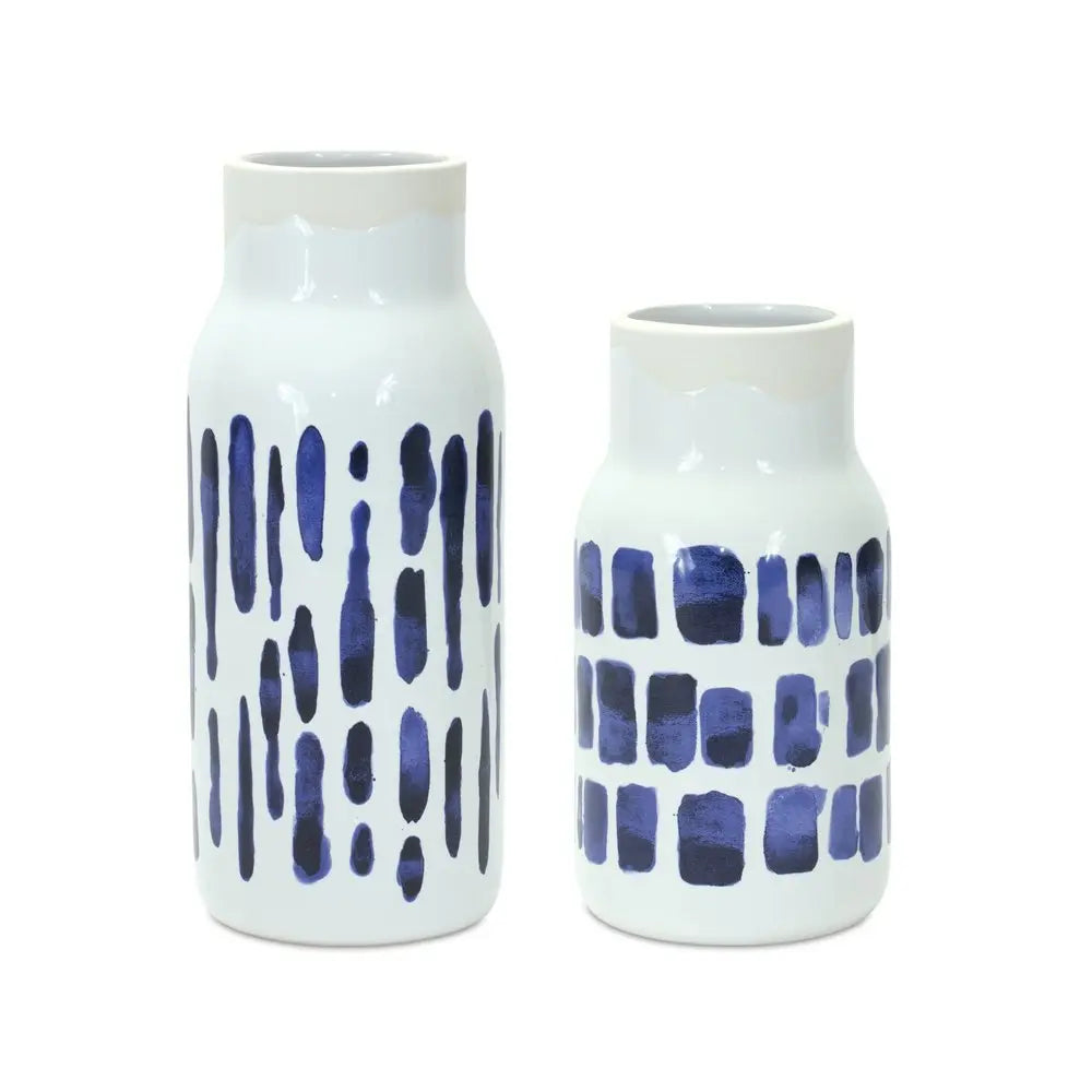 Set of Two Blue and White Abstract Cylinder Ceramic Table Vase - NOBLE HOME INTERIORS