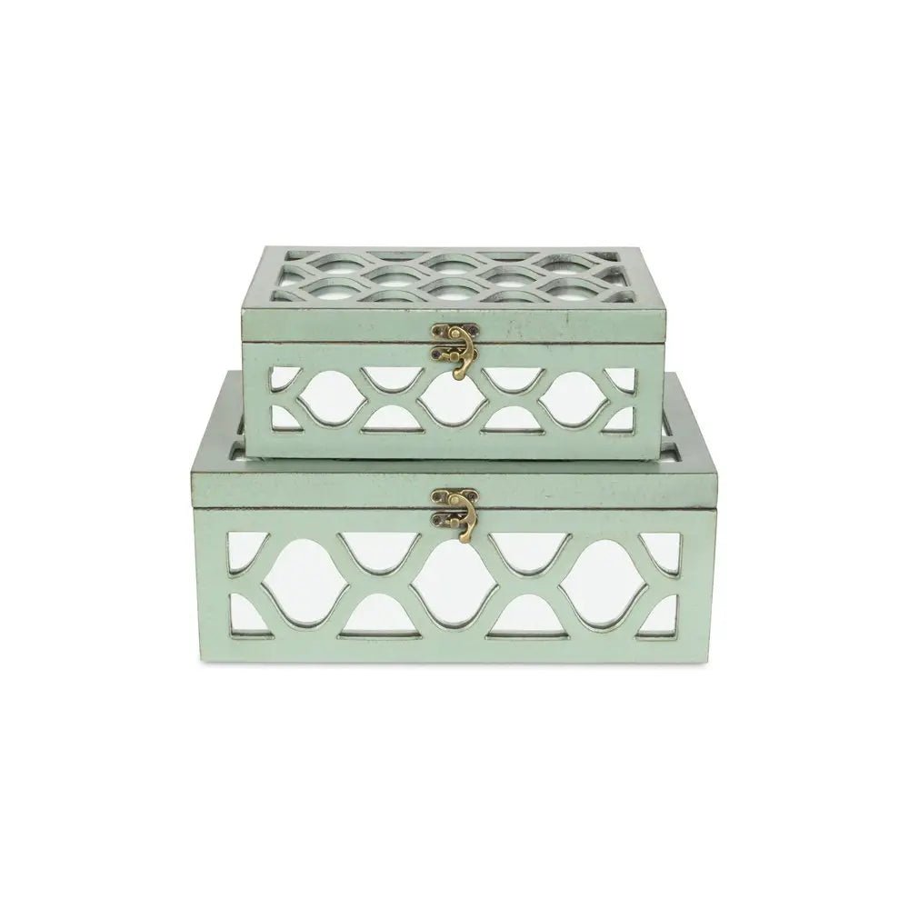 Set of Two Blue Mirrored Glass And Wood Box With Lid - NOBLE HOME INTERIORS
