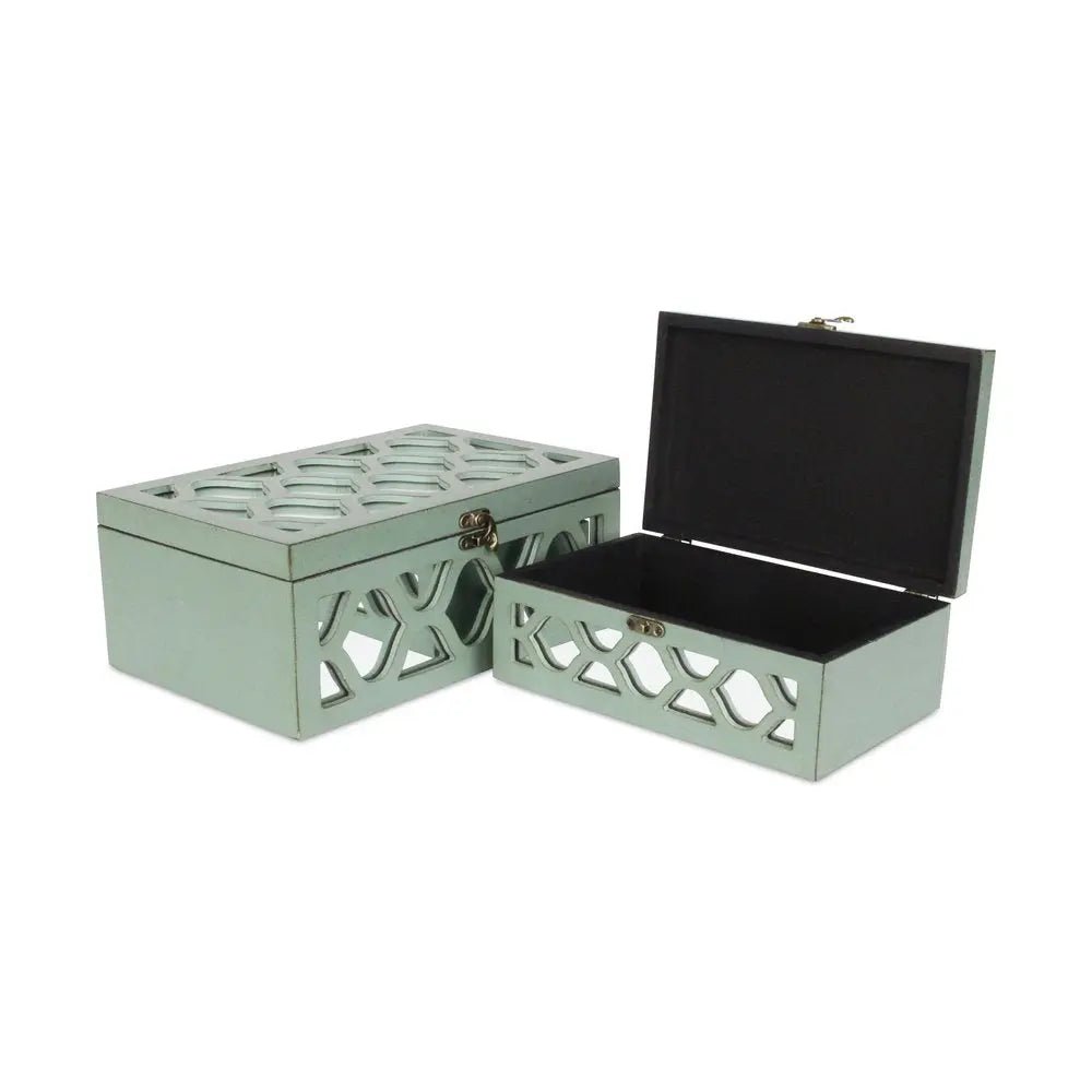 Set of Two Blue Mirrored Glass And Wood Box With Lid - NOBLE HOME INTERIORS