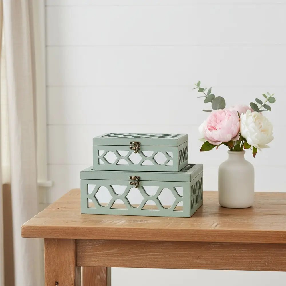 Set of Two Blue Mirrored Glass And Wood Box With Lid - NOBLE HOME INTERIORS
