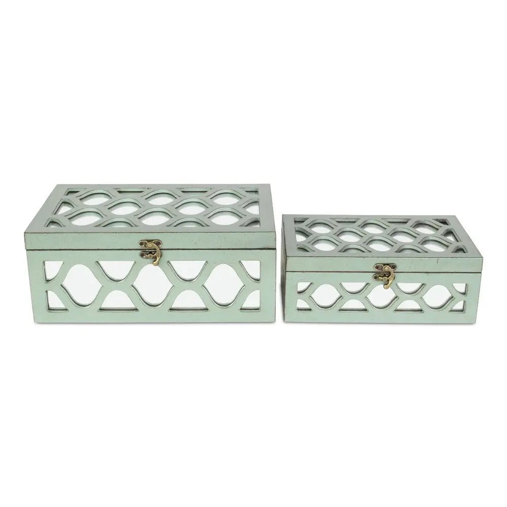 Set of Two Blue Mirrored Glass And Wood Box With Lid - NOBLE HOME INTERIORS