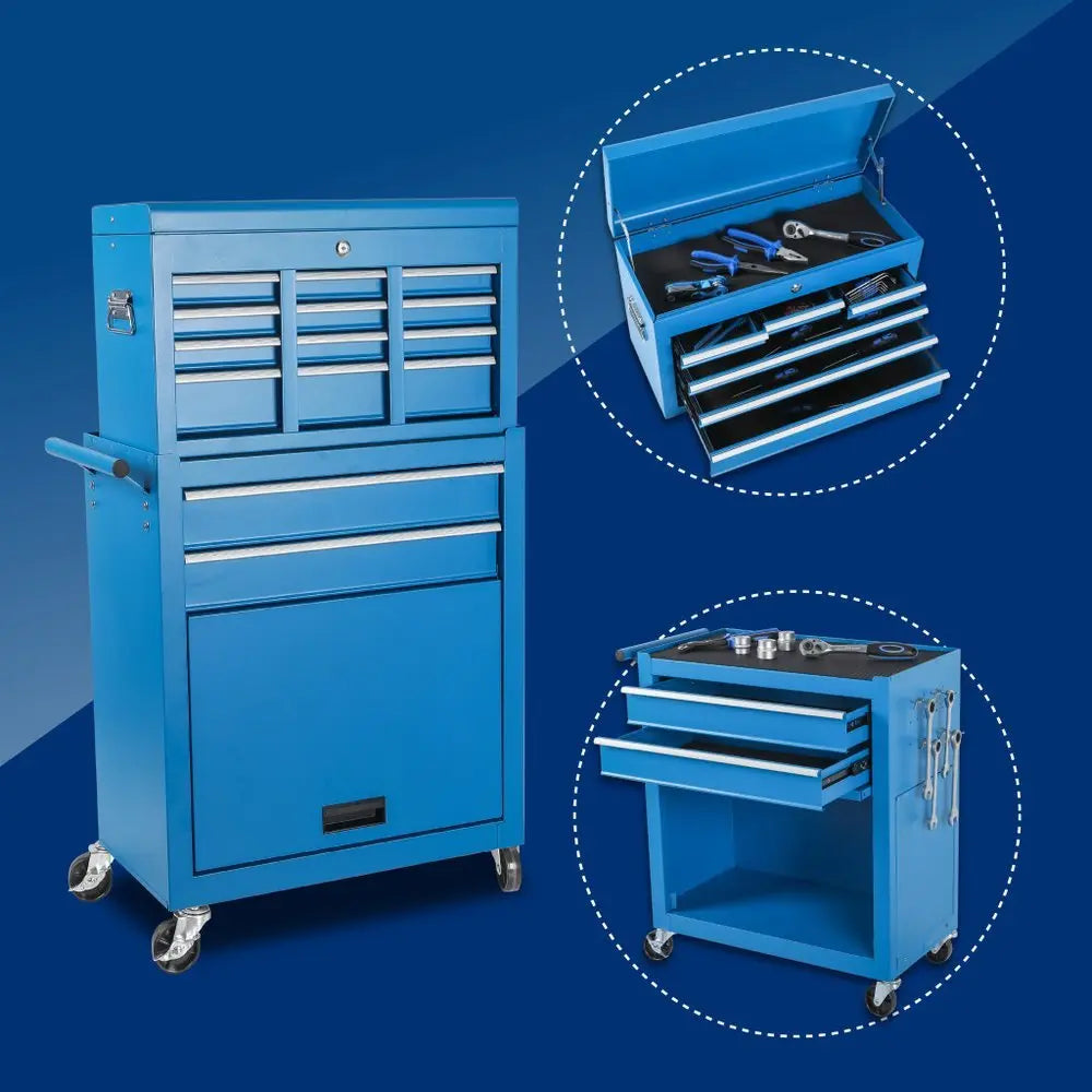 Set of Two Blue Multi - Tier Steel Rolling Cabinet With Lid - NOBLE HOME INTERIORS