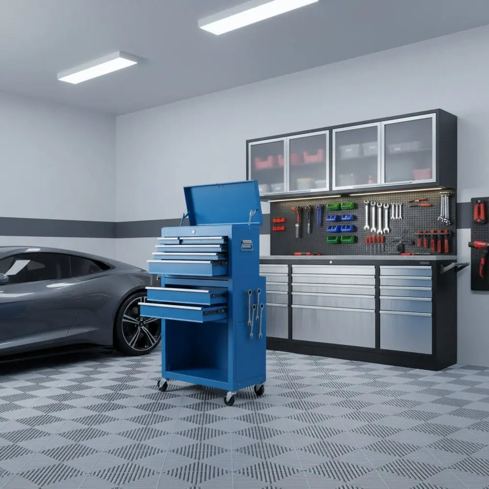 Set of Two Blue Multi - Tier Steel Rolling Cabinet With Lid - NOBLE HOME INTERIORS