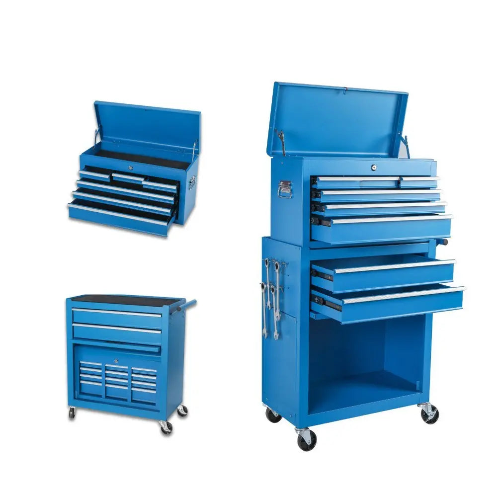 Set of Two Blue Multi - Tier Steel Rolling Cabinet With Lid - NOBLE HOME INTERIORS
