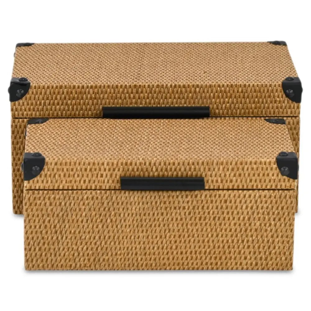 Set of Two Brown And Black Faux Rattan Nesting Storage Boxes With Lids - NOBLE HOME INTERIORS