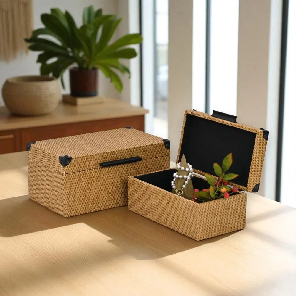 Set of Two Brown And Black Faux Rattan Nesting Storage Boxes With Lids - NOBLE HOME INTERIORS