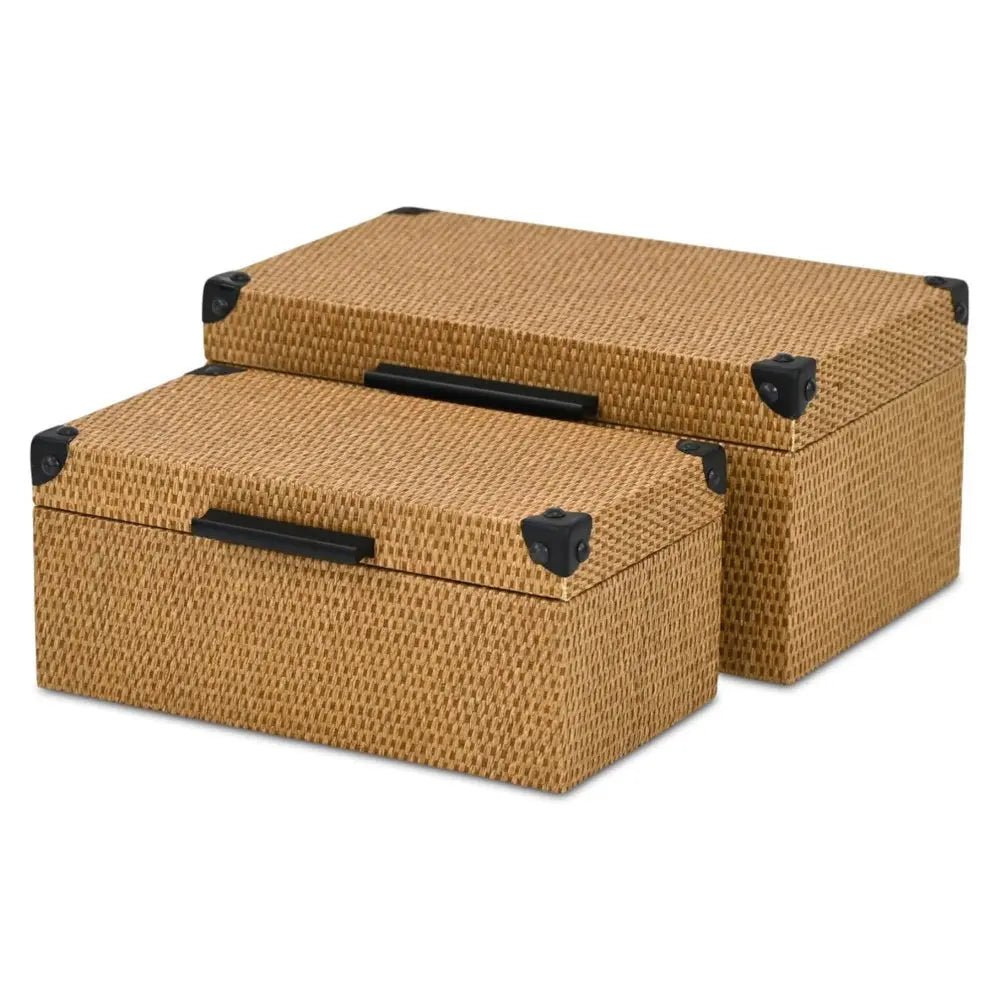 Set of Two Brown And Black Faux Rattan Nesting Storage Boxes With Lids - NOBLE HOME INTERIORS