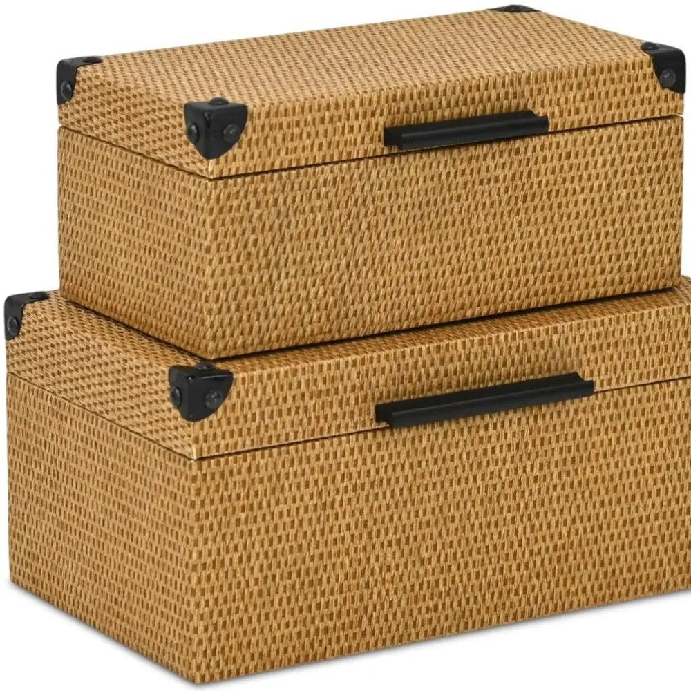 Set of Two Brown And Black Faux Rattan Nesting Storage Boxes With Lids - NOBLE HOME INTERIORS