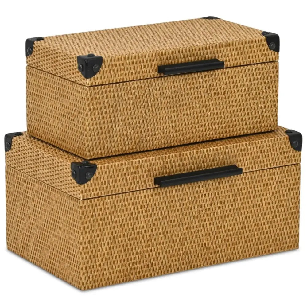 Set of Two Brown And Black Faux Rattan Nesting Storage Boxes With Lids - NOBLE HOME INTERIORS