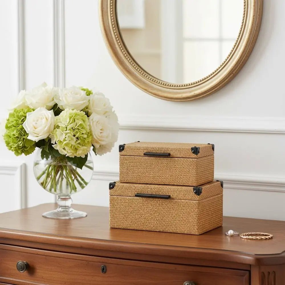 Set of Two Brown And Black Faux Rattan Nesting Storage Boxes With Lids - NOBLE HOME INTERIORS