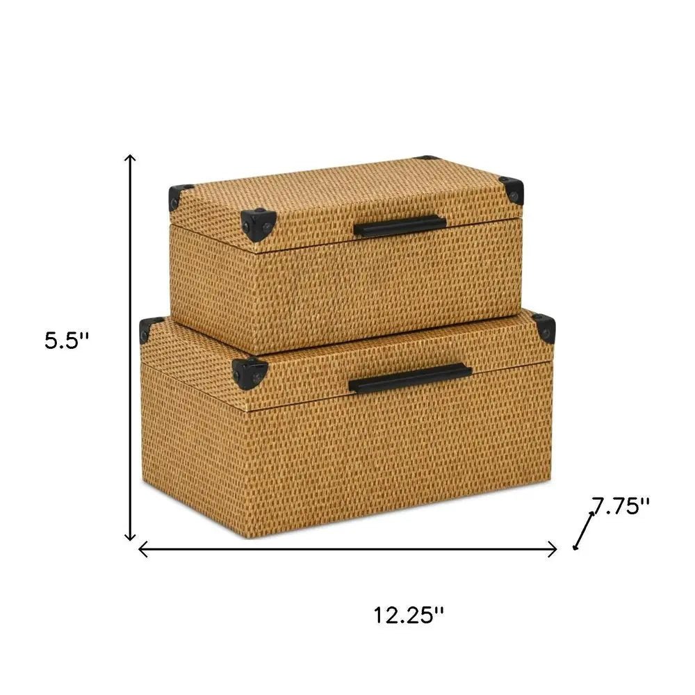 Set of Two Brown And Black Faux Rattan Nesting Storage Boxes With Lids - NOBLE HOME INTERIORS