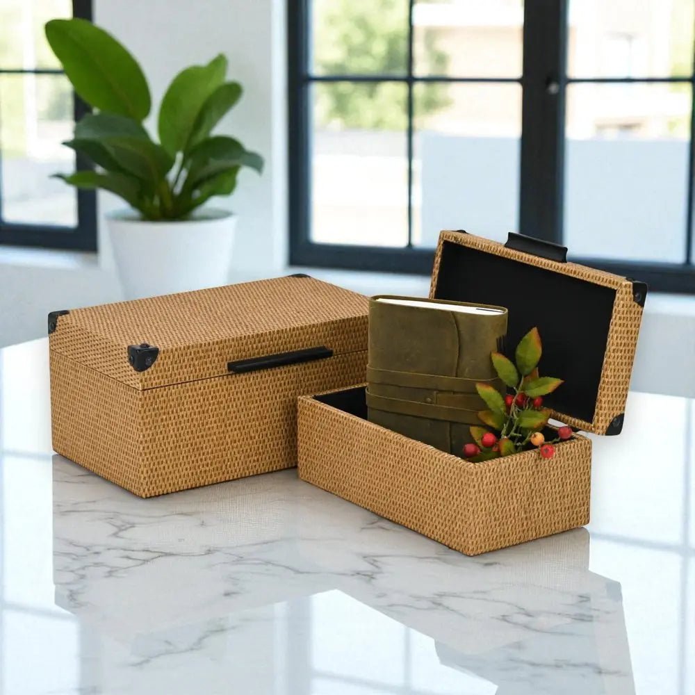 Set of Two Brown And Black Faux Rattan Nesting Storage Boxes With Lids - NOBLE HOME INTERIORS