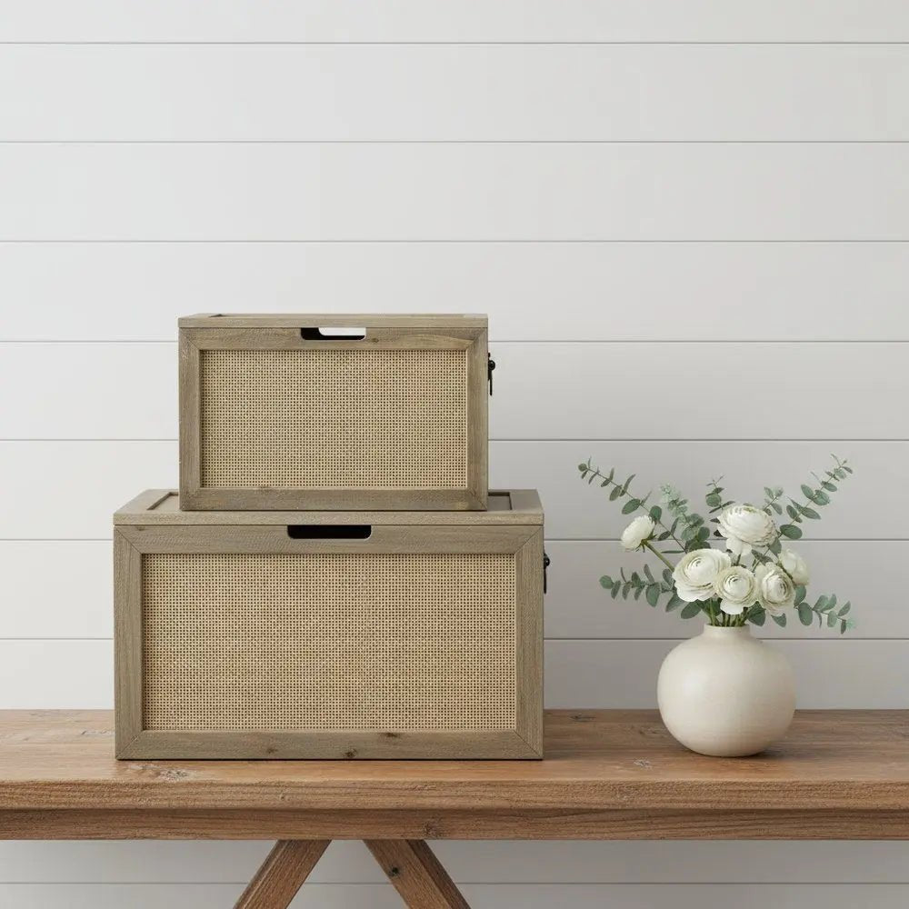 Set of Two Brown And Natural Cane And Solid Wood Box With Lid - NOBLE HOME INTERIORS