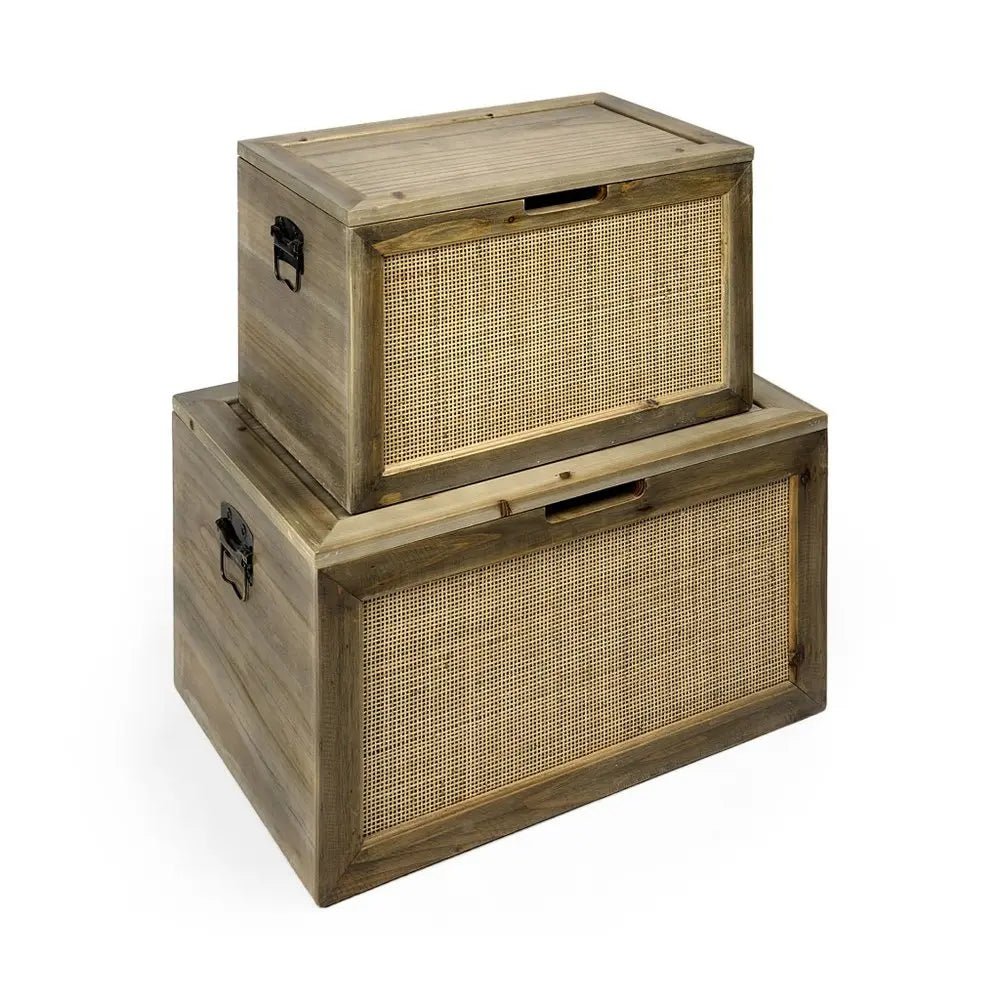 Set of Two Brown And Natural Cane And Solid Wood Box With Lid - NOBLE HOME INTERIORS
