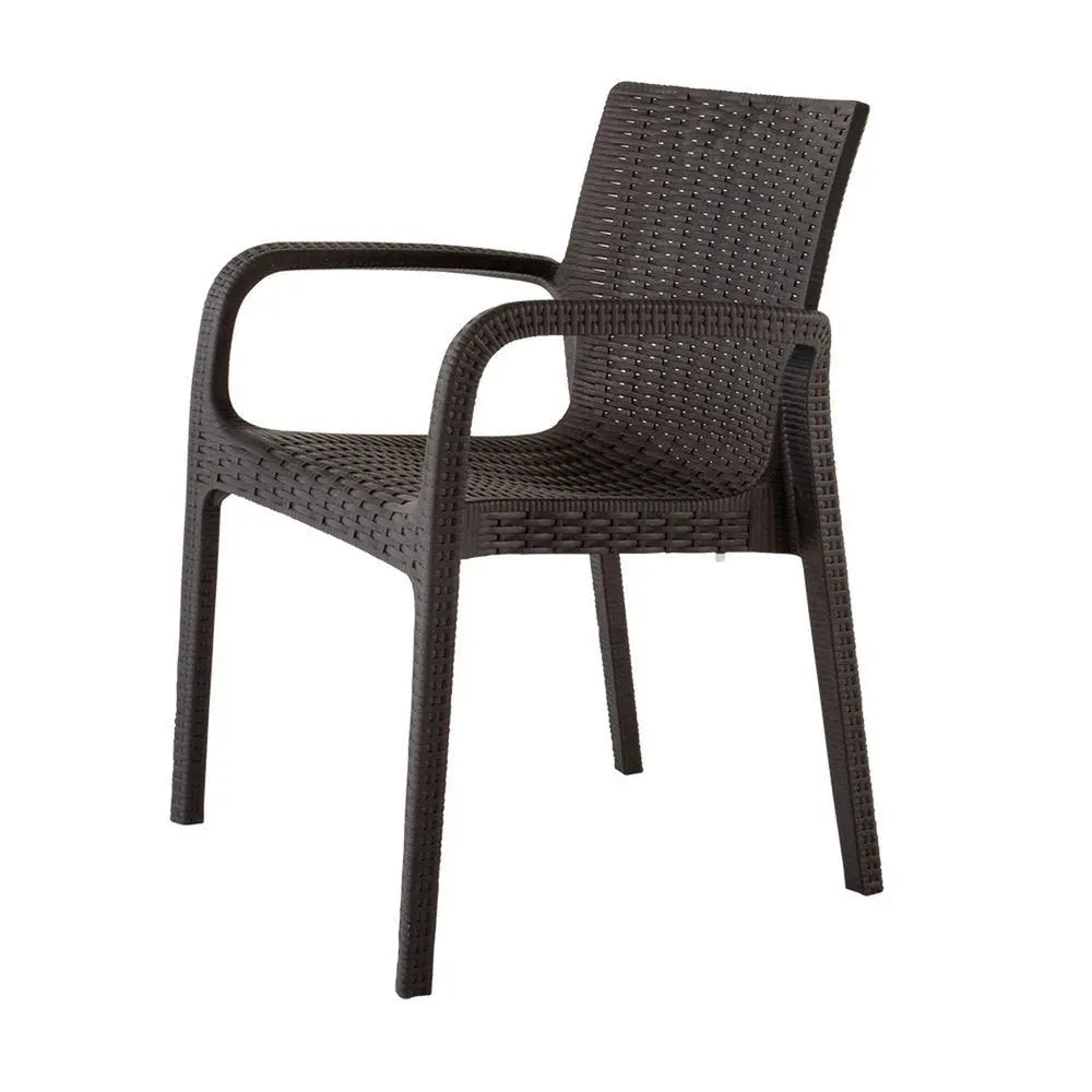 Set of Two Brown Faux Rattan Heavy Duty Plastic Outdoor Stacking Arm Chairs - NOBLE HOME INTERIORS