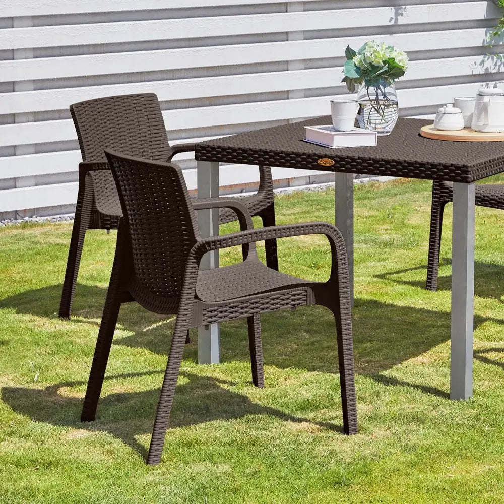 Set of Two Brown Faux Rattan Heavy Duty Plastic Outdoor Stacking Arm Chairs - NOBLE HOME INTERIORS