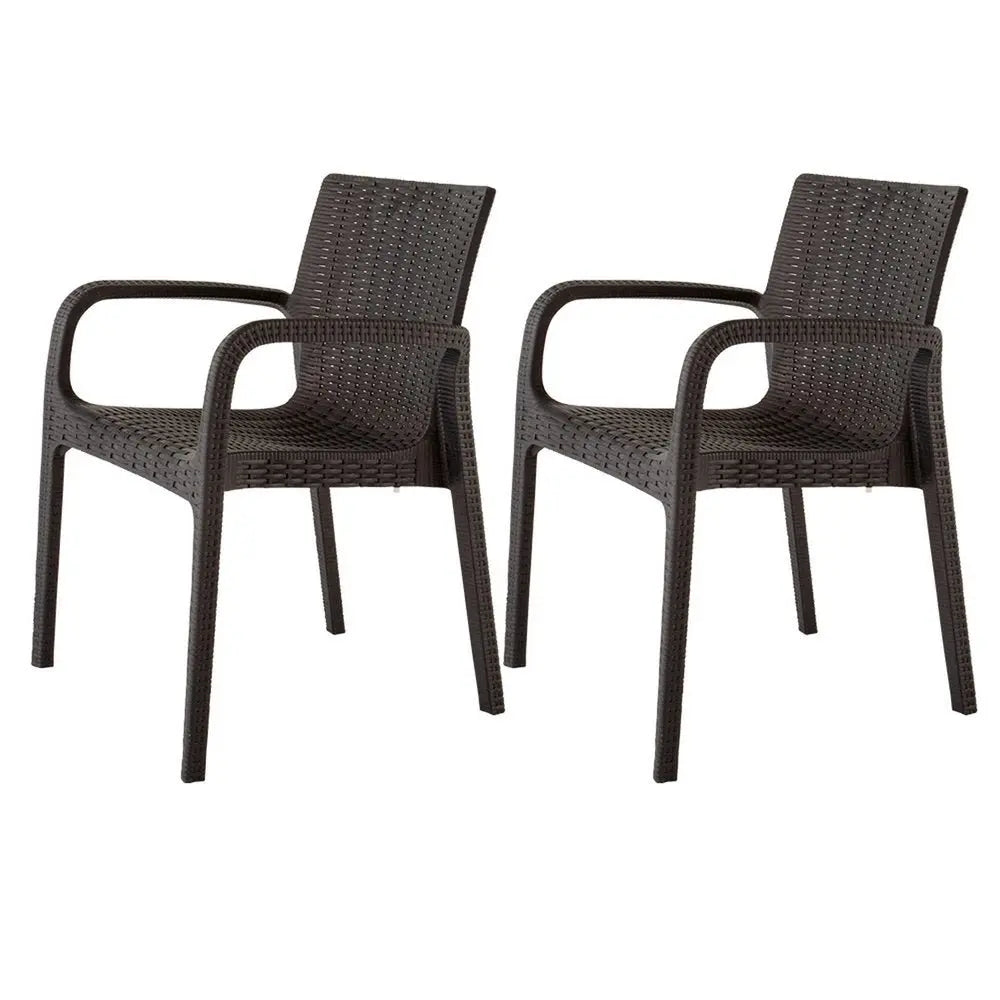 Set of Two Brown Faux Rattan Heavy Duty Plastic Outdoor Stacking Arm Chairs - NOBLE HOME INTERIORS