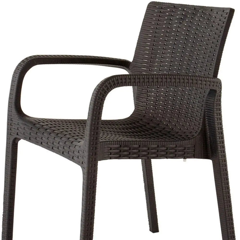 Set of Two Brown Faux Rattan Heavy Duty Plastic Outdoor Stacking Arm Chairs - NOBLE HOME INTERIORS