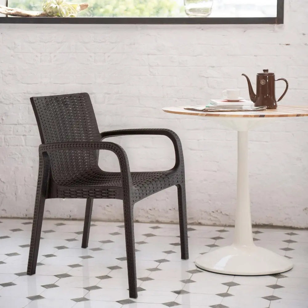 Set of Two Brown Faux Rattan Heavy Duty Plastic Outdoor Stacking Arm Chairs - NOBLE HOME INTERIORS