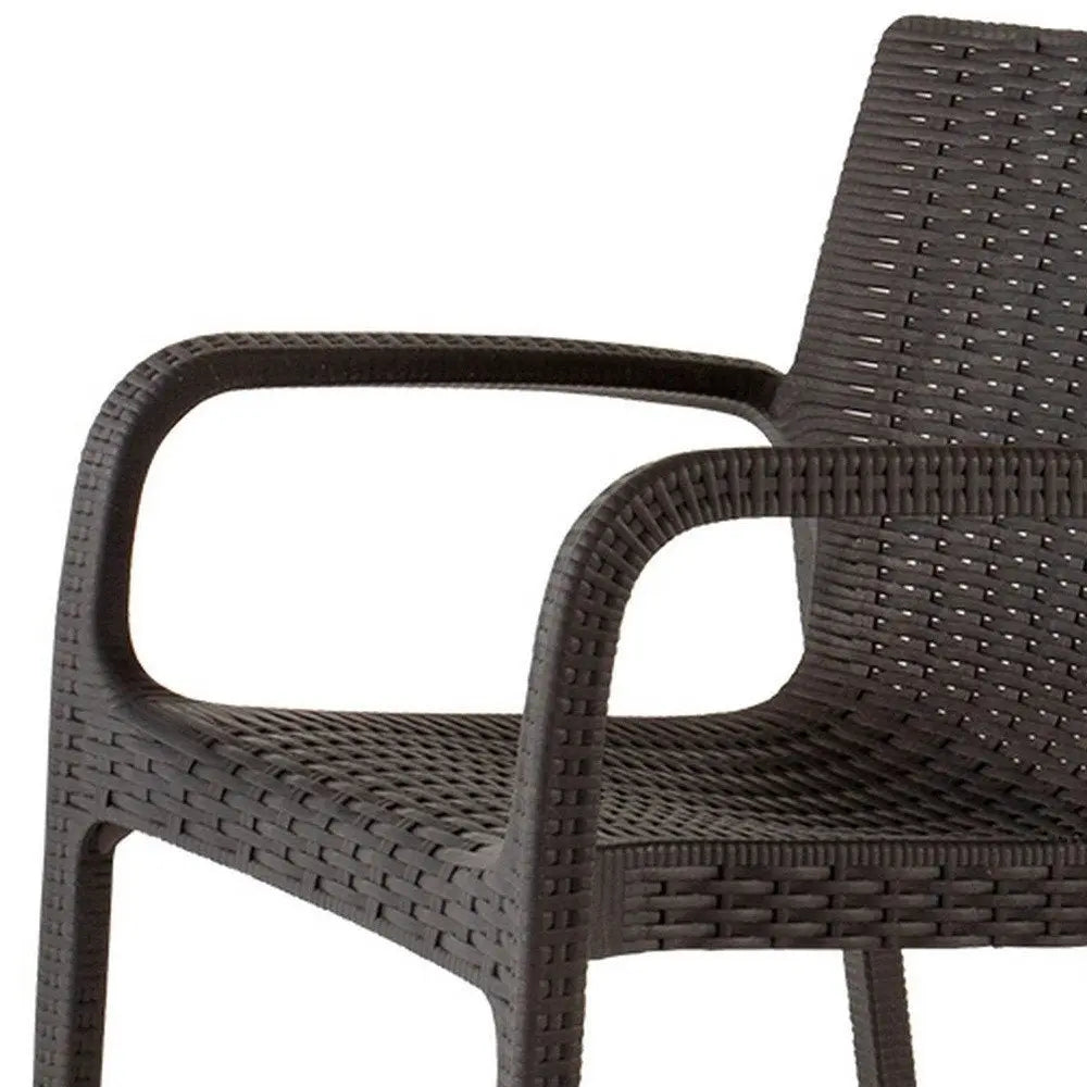 Set of Two Brown Faux Rattan Heavy Duty Plastic Outdoor Stacking Arm Chairs - NOBLE HOME INTERIORS