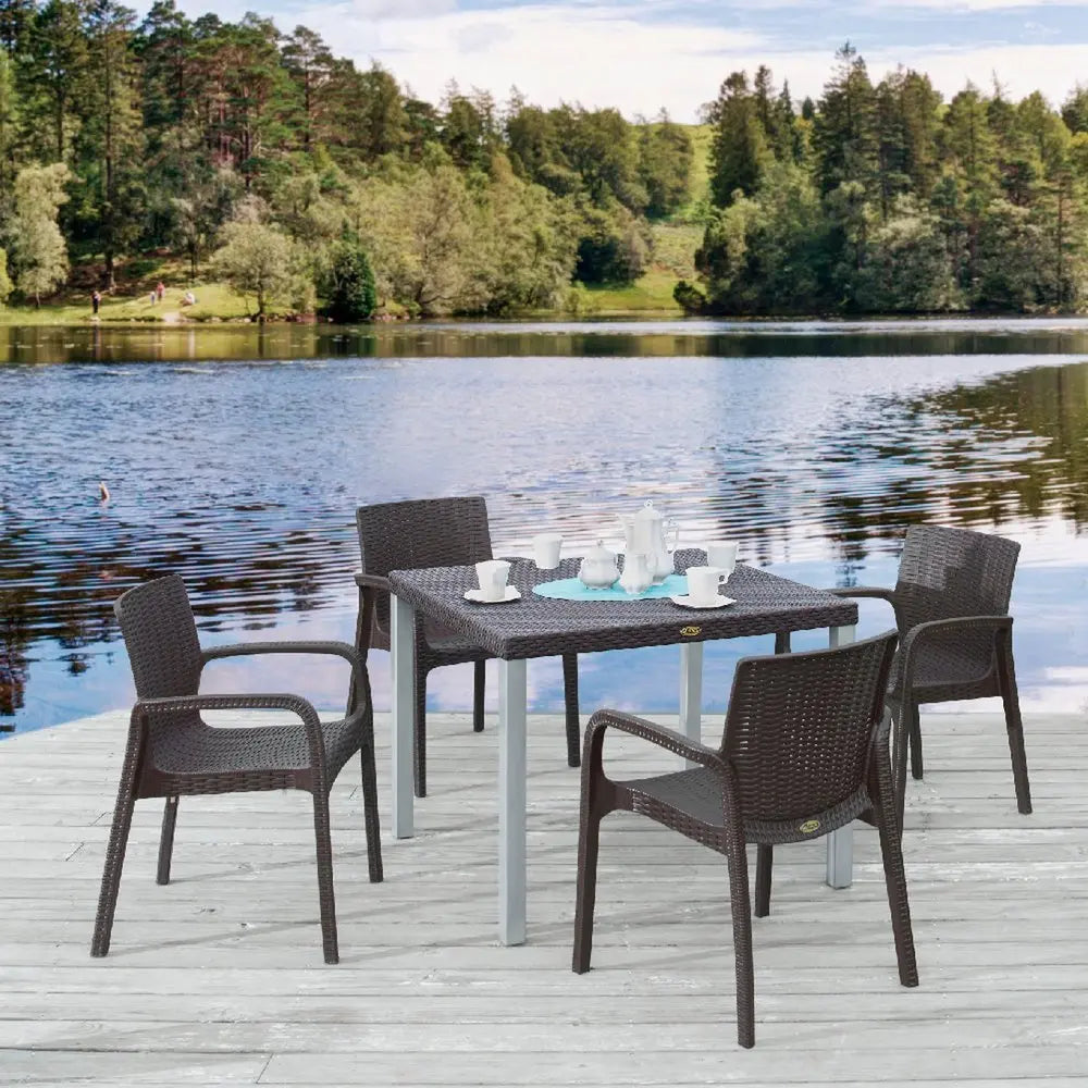 Set of Two Brown Faux Rattan Heavy Duty Plastic Outdoor Stacking Arm Chairs - NOBLE HOME INTERIORS