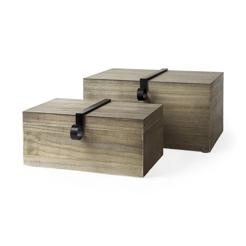 Set of Two Brown Solid Wood Box With Lid - NOBLE HOME INTERIORS