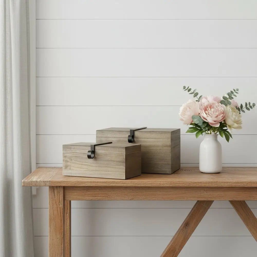 Set of Two Brown Solid Wood Box With Lid - NOBLE HOME INTERIORS