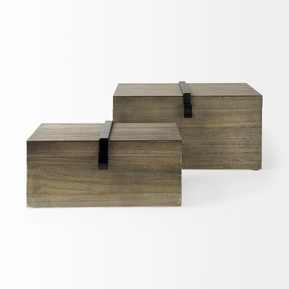 Set of Two Brown Solid Wood Box With Lid - NOBLE HOME INTERIORS