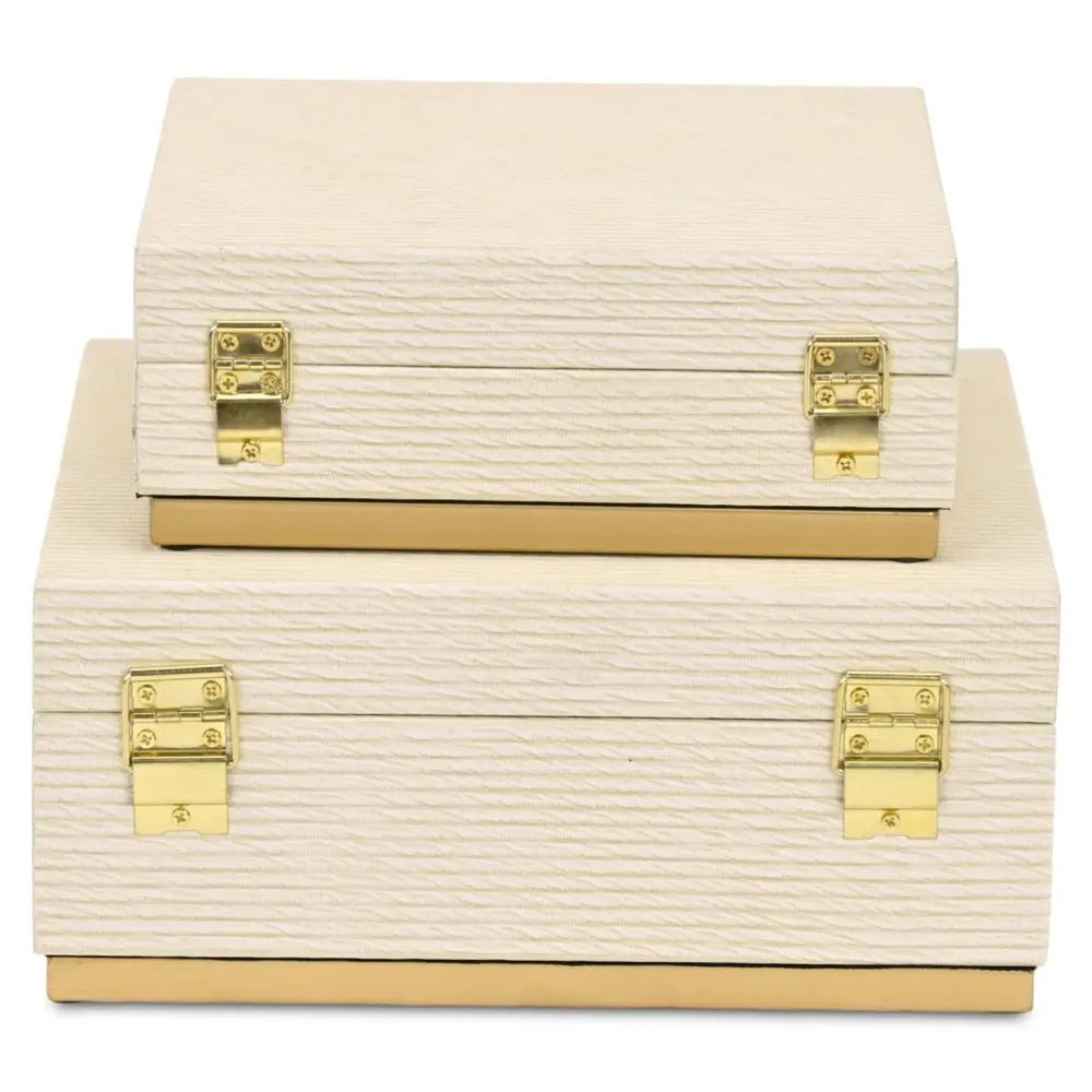 Set of Two Cream And Gold Nesting Wood Box With Lid - NOBLE HOME INTERIORS