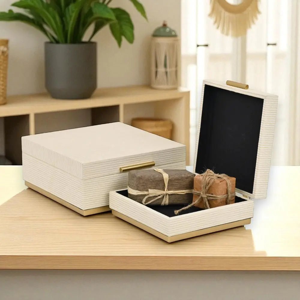 Set of Two Cream And Gold Nesting Wood Box With Lid - NOBLE HOME INTERIORS
