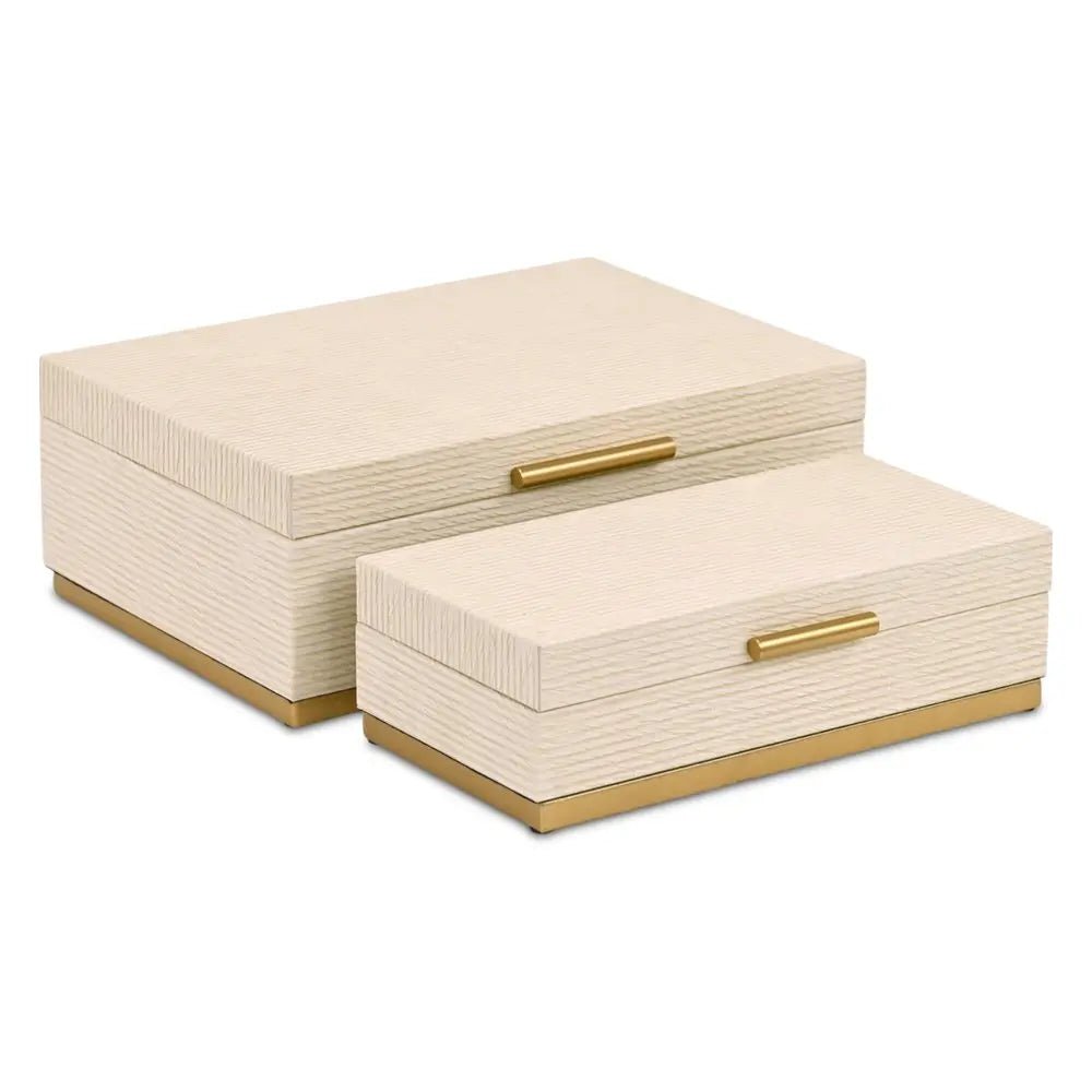 Set of Two Cream And Gold Striped Nesting Storage Boxes With Lids - NOBLE HOME INTERIORS