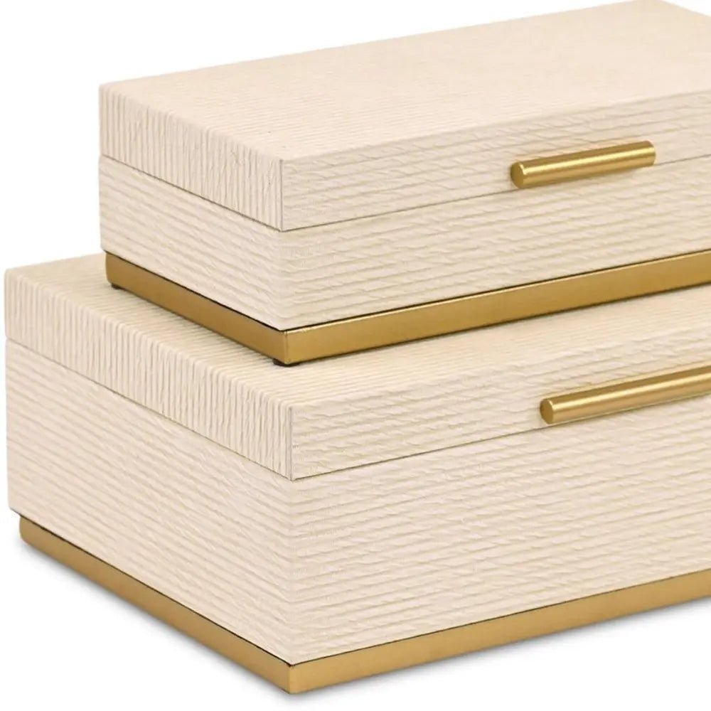 Set of Two Cream And Gold Striped Nesting Storage Boxes With Lids - NOBLE HOME INTERIORS