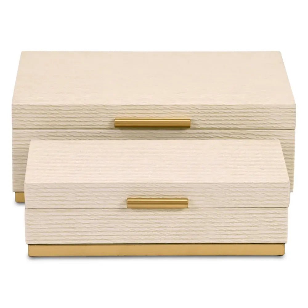 Set of Two Cream And Gold Striped Nesting Storage Boxes With Lids - NOBLE HOME INTERIORS