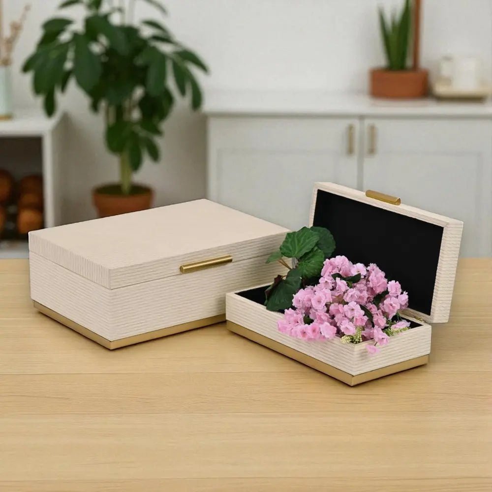 Set of Two Cream And Gold Striped Nesting Storage Boxes With Lids - NOBLE HOME INTERIORS