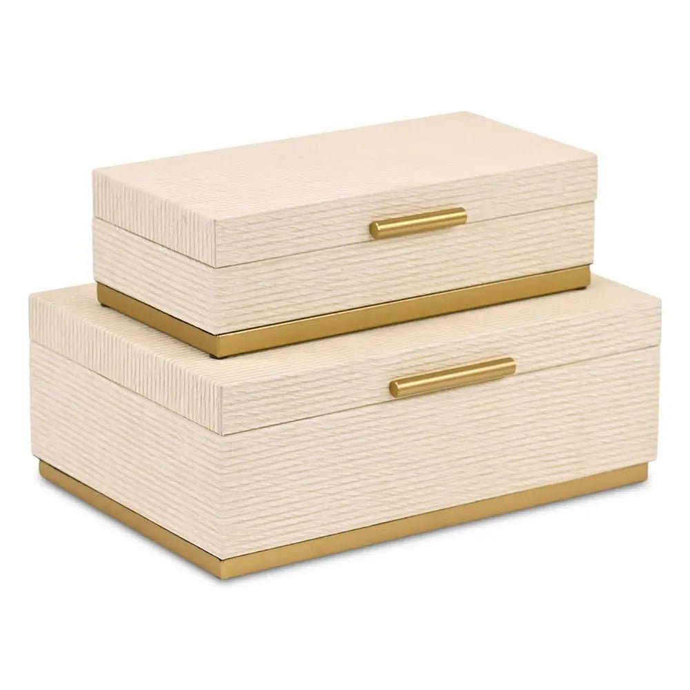 Set of Two Cream And Gold Striped Nesting Storage Boxes With Lids - NOBLE HOME INTERIORS