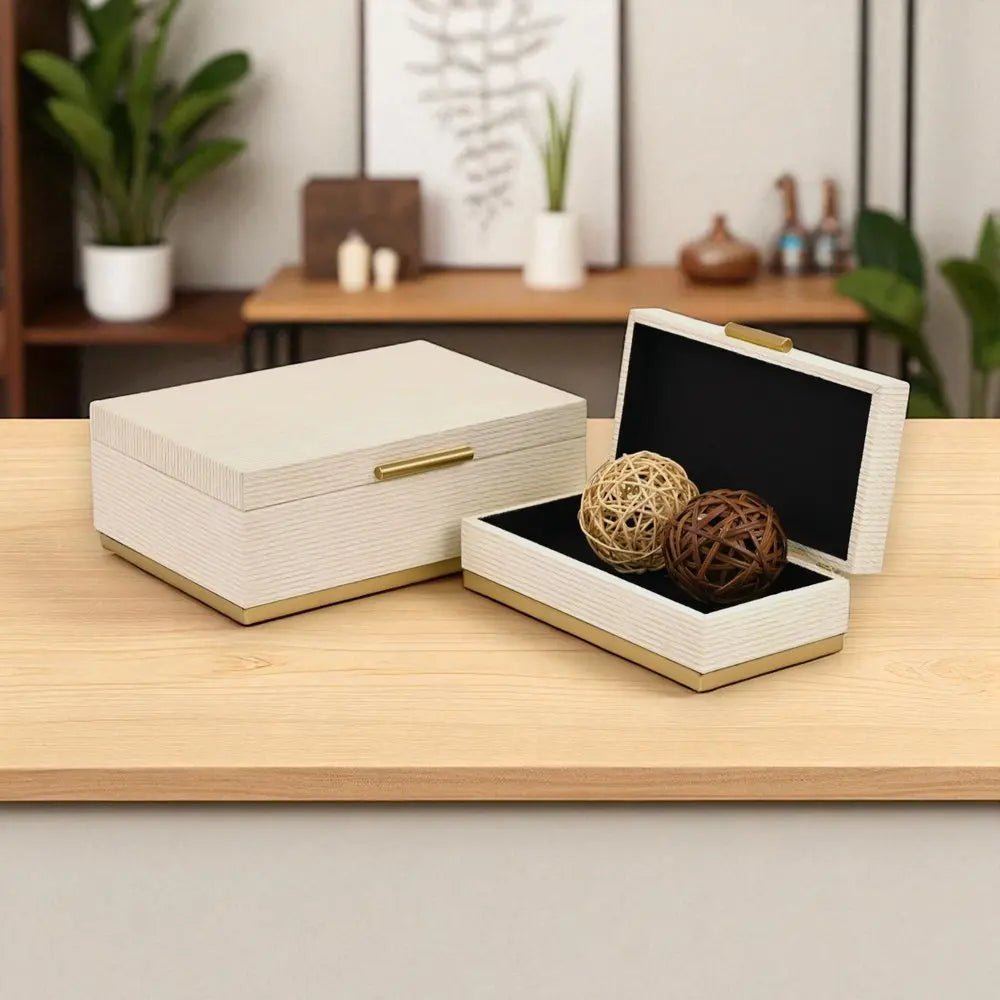 Set of Two Cream And Gold Striped Nesting Storage Boxes With Lids - NOBLE HOME INTERIORS