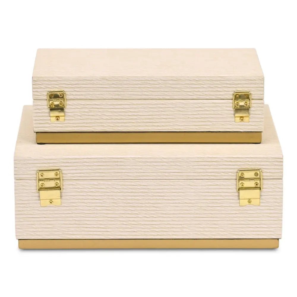 Set of Two Cream And Gold Striped Nesting Storage Boxes With Lids - NOBLE HOME INTERIORS