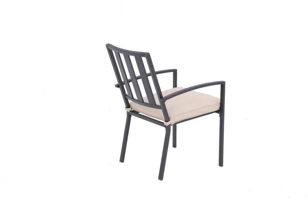 Set of Two Dark Gray Aluminum Outdoor Stacking Dining Chairs with Beige Cushion - NOBLE HOME INTERIORS