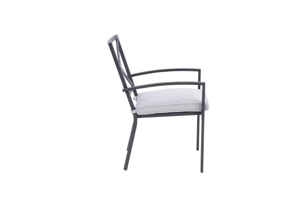 Set of Two Dark Gray Aluminum Outdoor Stacking Dining Chairs with Light Gray Cushion - NOBLE HOME INTERIORS
