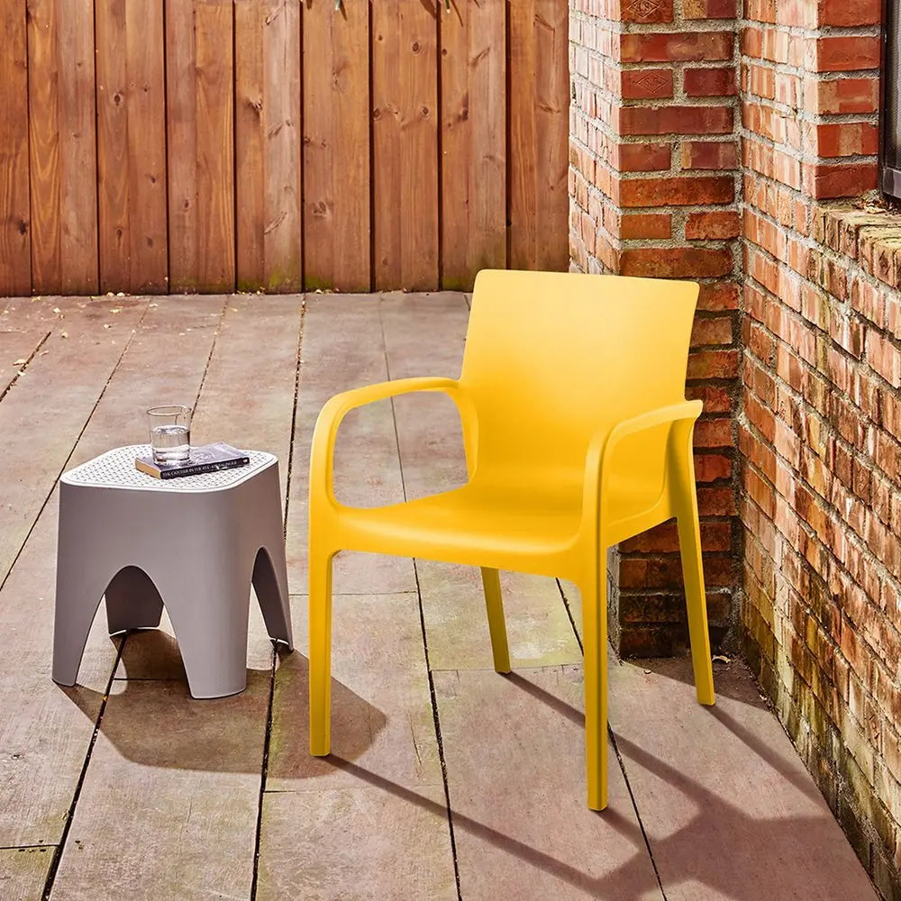 Set of Two Gold Heavy Duty Plastic Outdoor Stacking Dining Chairs - NOBLE HOME INTERIORS
