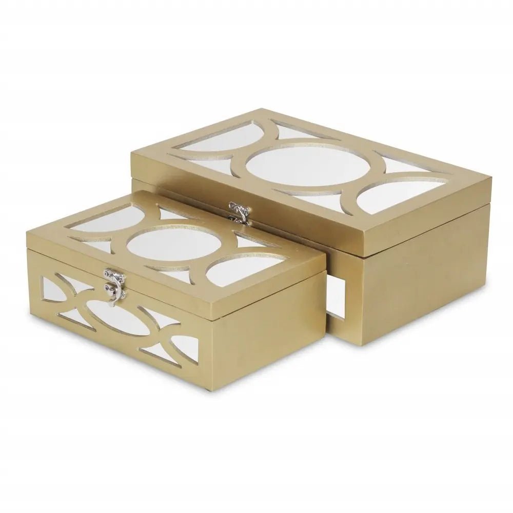 Set of Two Gold Oval Scroll Mirror Jewelry Storage Boxes - NOBLE HOME INTERIORS