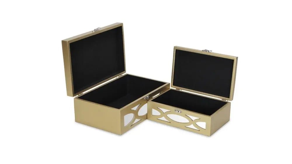 Set of Two Gold Oval Scroll Mirror Jewelry Storage Boxes - NOBLE HOME INTERIORS