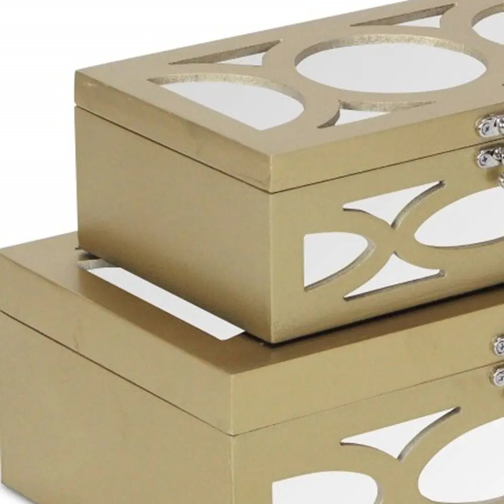 Set of Two Gold Oval Scroll Mirror Jewelry Storage Boxes - NOBLE HOME INTERIORS