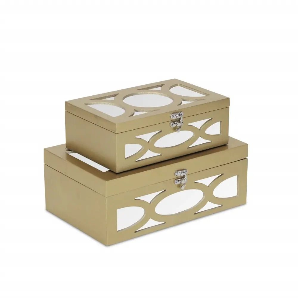 Set of Two Gold Oval Scroll Mirror Jewelry Storage Boxes - NOBLE HOME INTERIORS